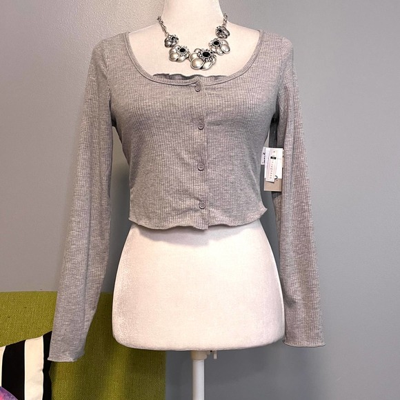 BP Grey Ribbed Crop Top Twin Set Tank & Long Sleeve Button Up NEW XS - Picture 2 of 6